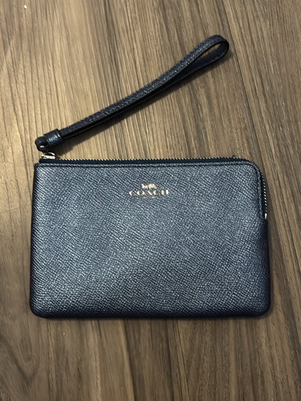 Coach Navy Leather Zip Wristlet with Gold Logo Accent